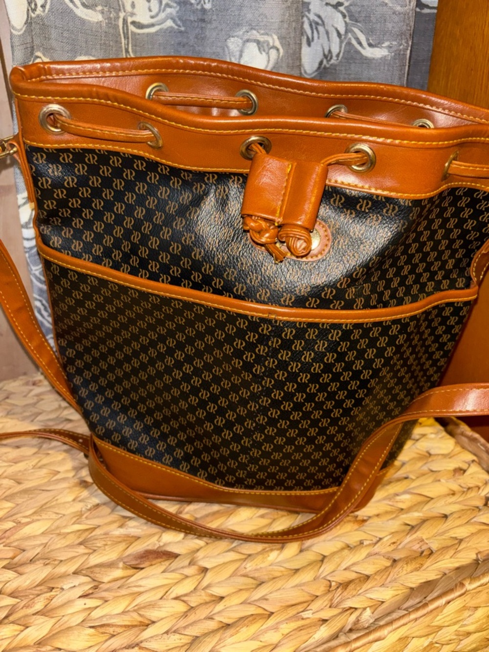 Ronett Monogram Bucket Tote in Brown and Black